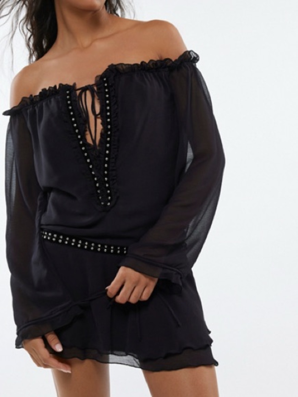 Urban Outfitters Silence + Noise Roxanne Off-The-Shoulder Drop Waist Mini Dress